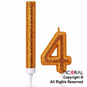SET BENGALA Y VELA NUMERAL NUMERO 4 CON GIBRE ORO